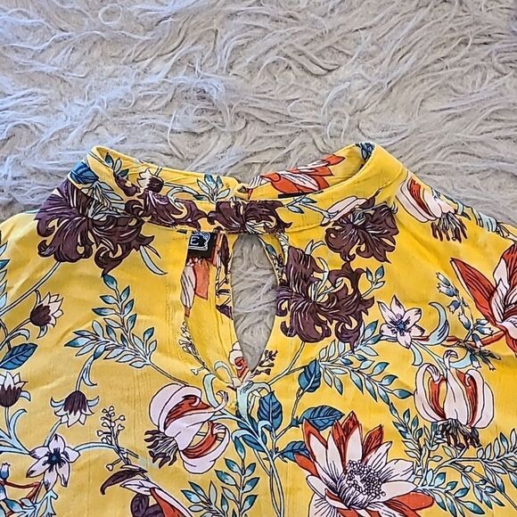 Angie womens boho mustard yellow floral print flowy long sleeve shirt size large - Picture 3 of 7